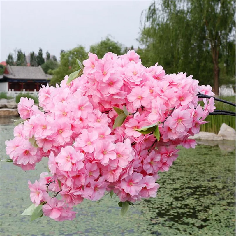 Pink 10pcs Silk Cherry Blossom Flower Tree Branches Artificial Sakura Flower Stem 6 colors for Wedding Tree Floral Decoration - Color: Pink