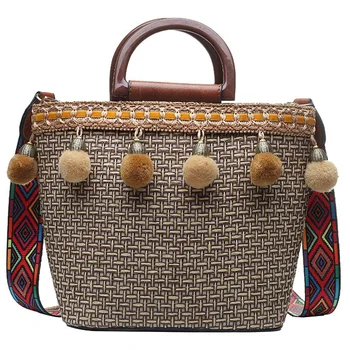 

Summer Handbag Lady Straw Bag Female Models Hair Ball Beach Bag Ladies Casual Handbag Lady Retro Khaki