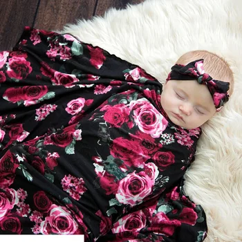 

2 Pcs/Set Newborn Photography Wrap Headband Set Baby Photo Props Cotton Rose Floral Wraps Swaddle Newborn Photo Backdrop Blanket