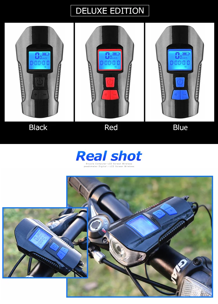 Excellent Waterproof Bicycle Light USB Charging Bike Front Light Flashlight Handlebar Cycling Head Light w/ Horn Speed Meter LCD Screen    3