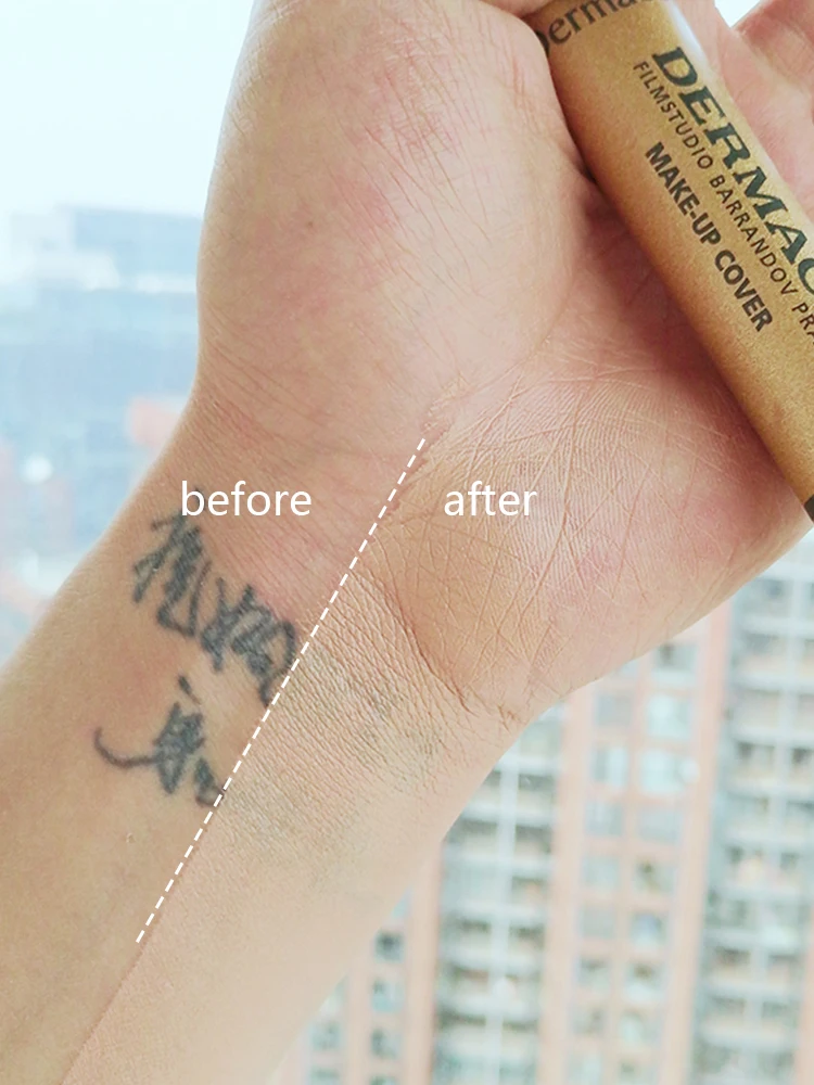 

Concealer liquid artifact blot out the face spots, pox and print tattoo.