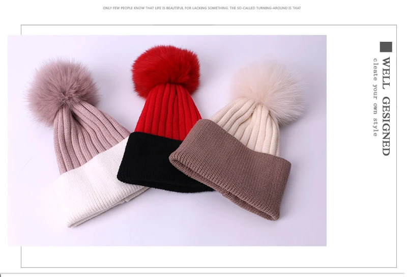 Новое поступление, шапки с помпоном из натурального Лисьего меха для женщин, детей и взрослых, вязаные шапки Skullies, осенне-зимние теплые эластичные шапки из енота