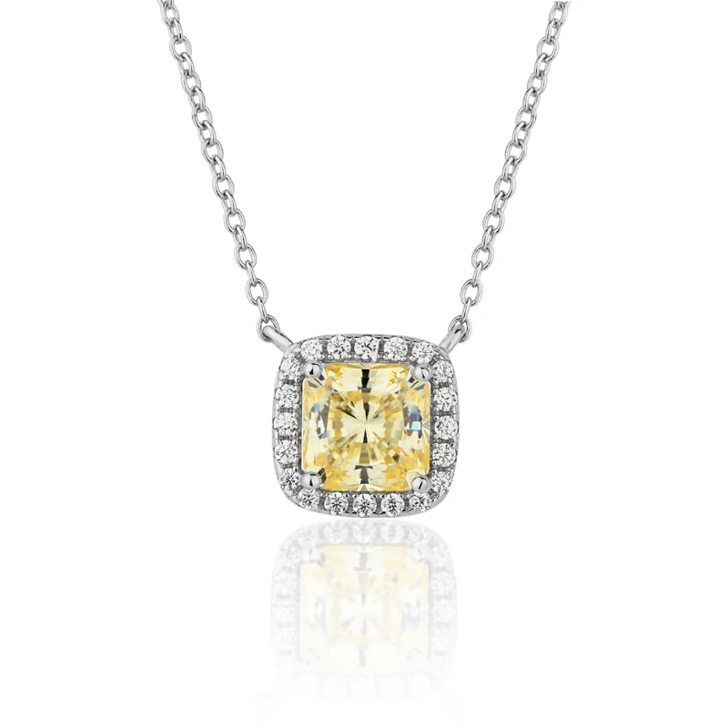 OEVAS 100% 925 Sterling Silver Square Pink Yellow Zircon High Carbon Diamond Pendant Necklace For Women Sparkling Fine Jewelry