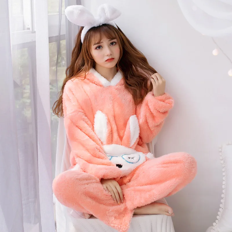 Cute Pajamas Set 2 Pieces Women Sleepwear Warm Winter Thick Coral Fleece Hooded Cartoon Girls Homewear Animal Pajamas Nighties