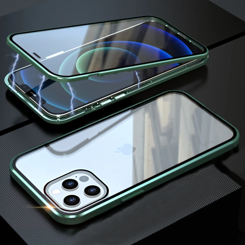 case iphone mini 12 Magnetic Metal For iPhone 12 13 Pro Max Mini Case Cover coque Clear Double-Sided Glass Bumper Phone Case luxury carcasa Men Girl iphone 12 phone mini case