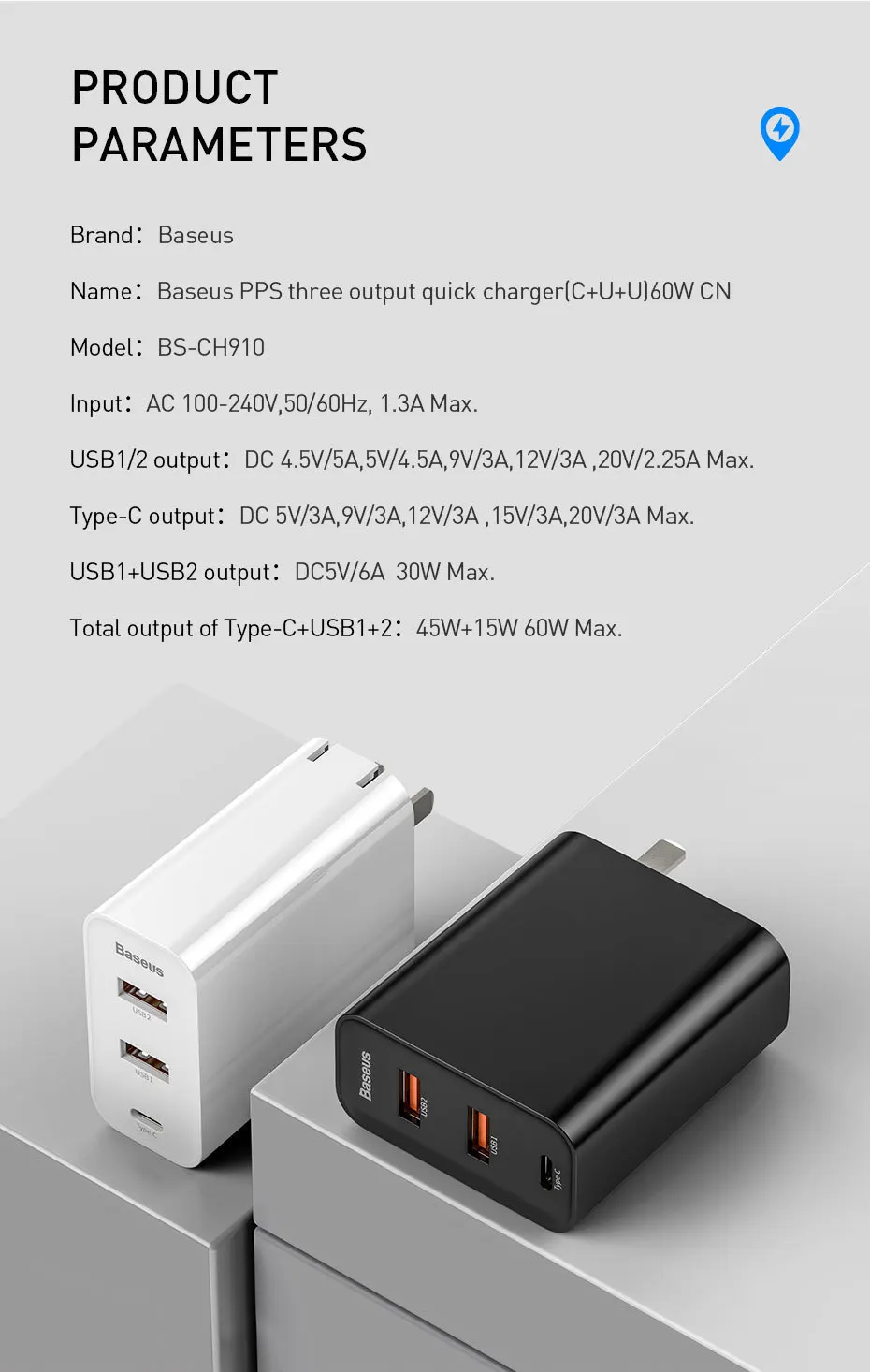 Baseus 60w Speed PPS Three Output Quick Charger PD3 QC3 Quick Charge
