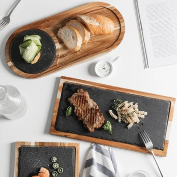 

1pc Solid Wood Tray Western Food Japanese Style Solid Wood Black Slate Plate Snack Food Tray Kitchen Tableware