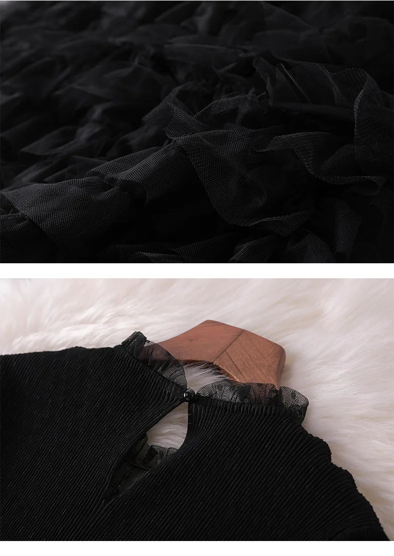 Women fashion autumn winter ruffles dress lace inset long sleeve gothic dress fit and flare cute dresses new black