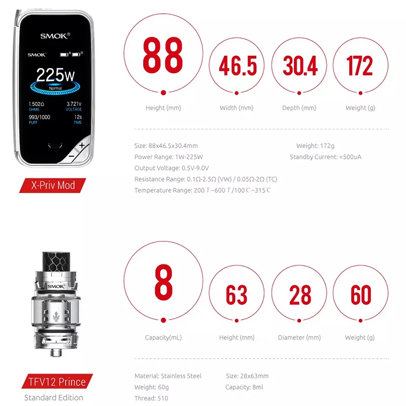 Kaufen Elektronische Zigarette SMOK X PRIV Kit Box Mod 225W Zigarette Electronique TFV12 Prince Tank Verdampfer Vape E Shisha Stift S168