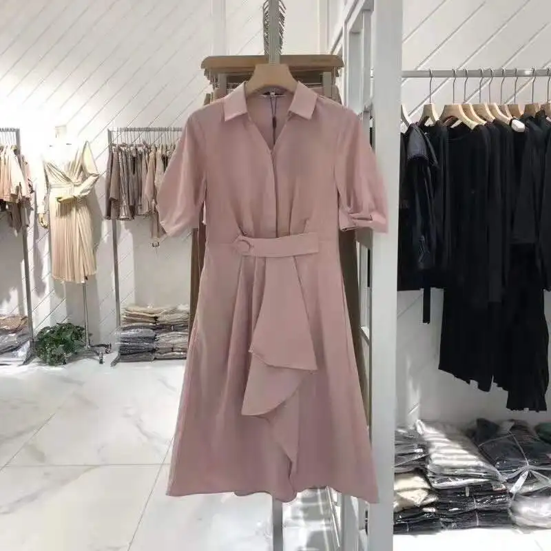 

2019 Amoi Solid Color with Cotton Waist Hugging Slim Fit Short-sleeved Shirt Dress Women's 119210c7214