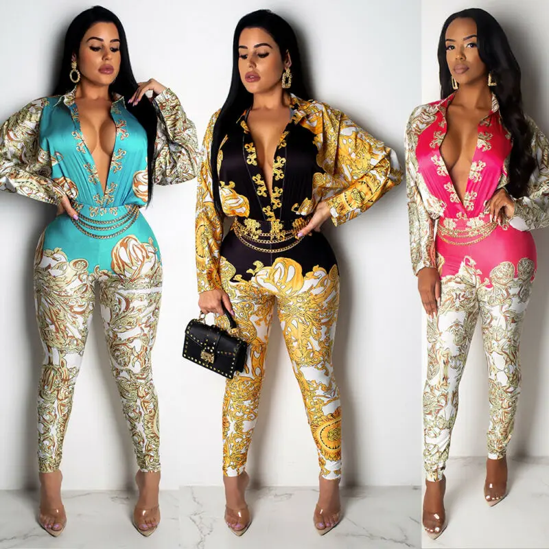 

Ladies Long Sleeve V Neck Jumpsuit Clubwear Floral Jumpsuit
