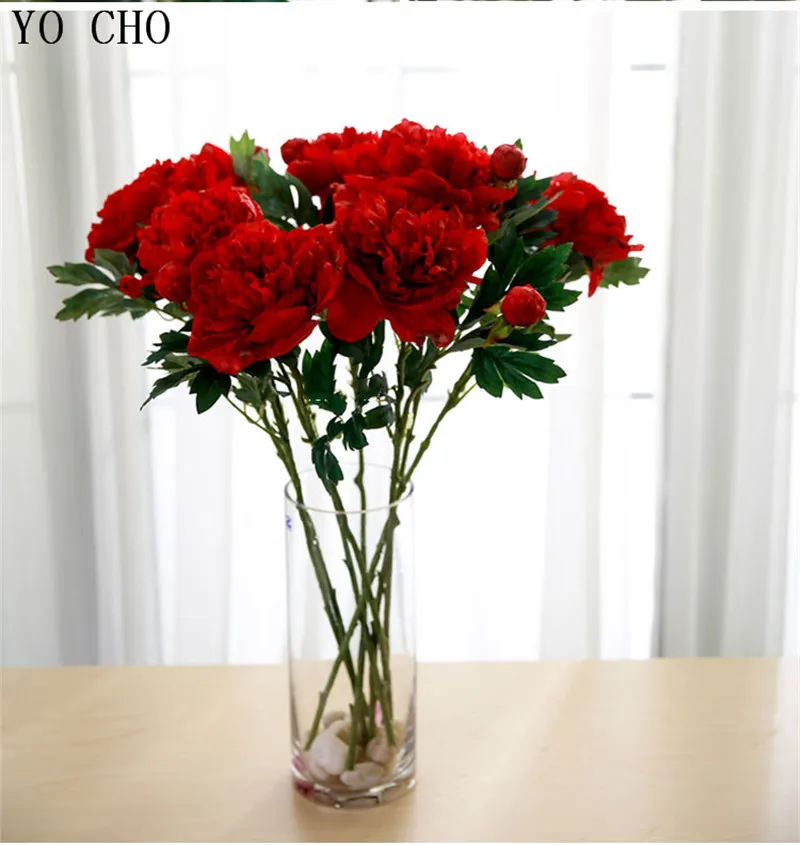 YO CHO 2 Head Blooming Peony Artificial Flower Branch Red White Blue Silk Fake Home Party Wedding Decor Faux | Дом и сад