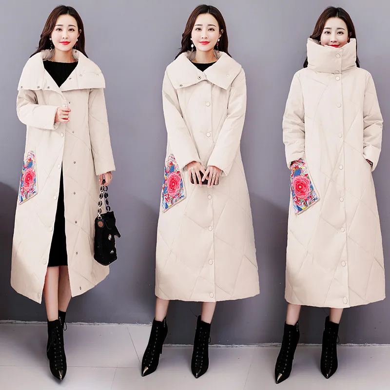 

2019 New Style Ethnic-Style Retro Cotton-padded Clothes Women's Chinese-style Long over-the-Knee Casual Large Size Coat down Jac