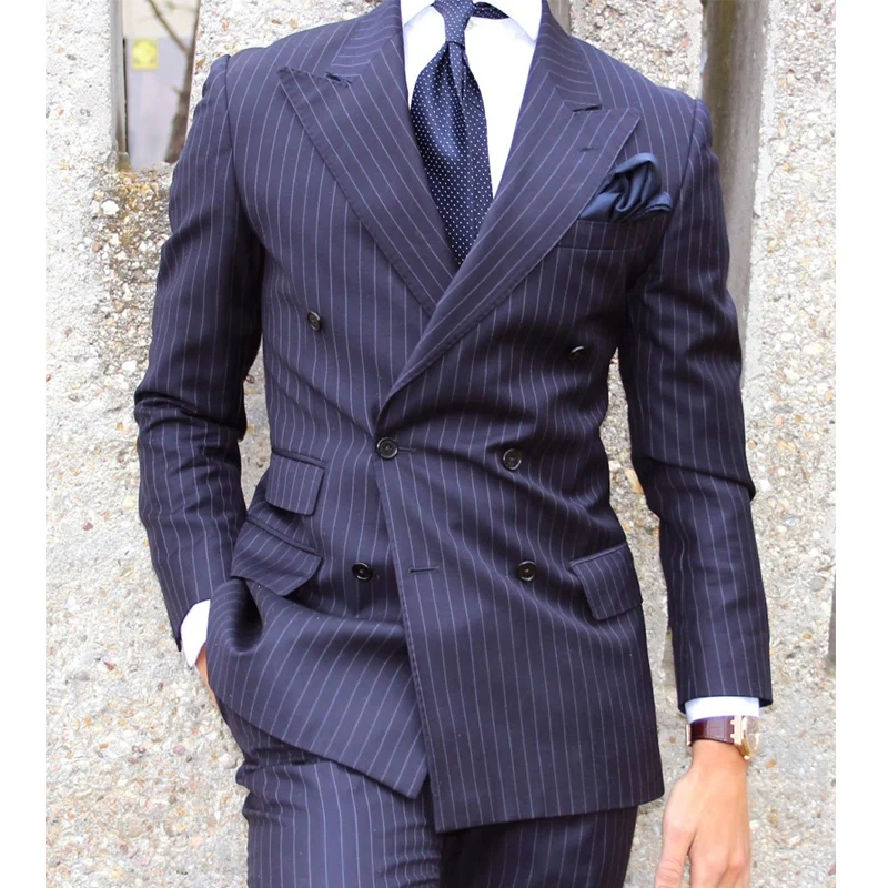 

Navy Blue Pinstripe Business Men Suits with Double Breasted Slim it 2 Piece Groom Tuxedo Man Fashion Cosutom Jacket with Pants