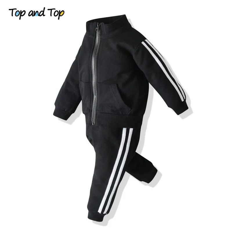 Top and Top Spring Autumn Boys Girls Clothing Set Long Sleeve Zipper Sweatshirt Coat+Trousers Striped Sport Suit 2Pcs Tracksuit - Цвет: Черный