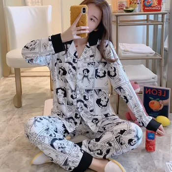

Women Snow White Cartoon Pajamas Set Spring Autumn Long Sleeve Long Pants Homewear Loose Casual Sleepwear Two Piece Set S353