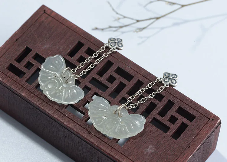 FNJ Hetian Jade серьги из 925 серебра,, Чистое Серебро S925 пробы, висячие серьги с кисточкой для женщин, ювелирное изделие, клевер