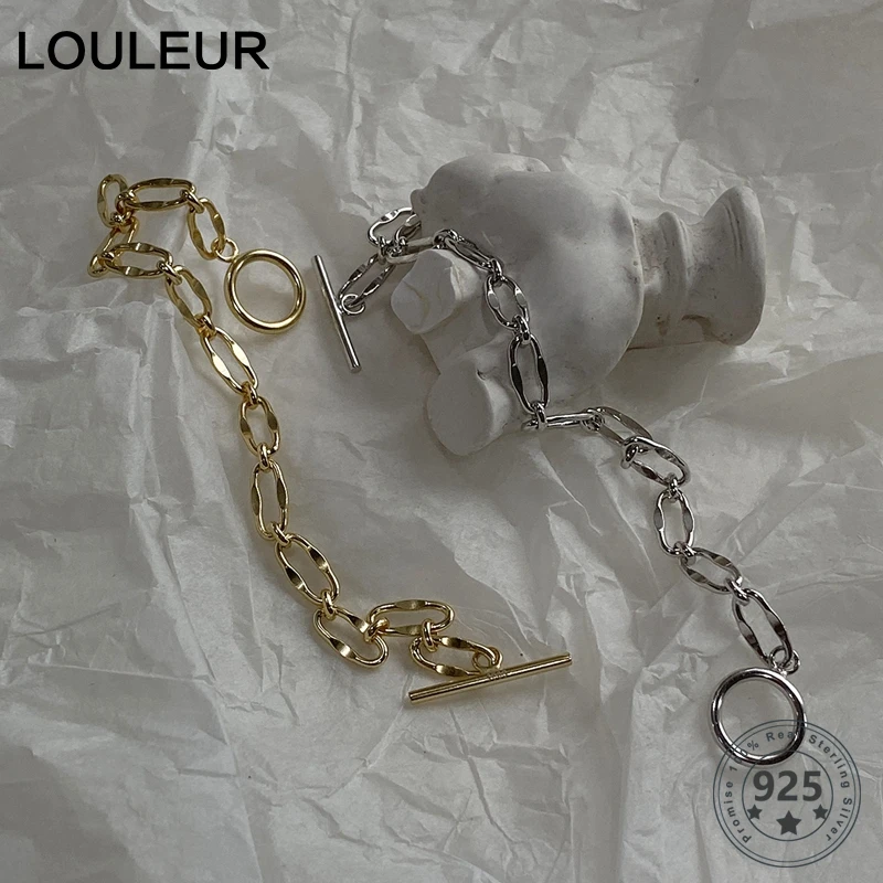 

LouLeur Sterling 925 Silver Fashion Wide Chain Bracelets Thick O T Button Minimalist Bracelets for Women Fine 925 Silver Jewelry