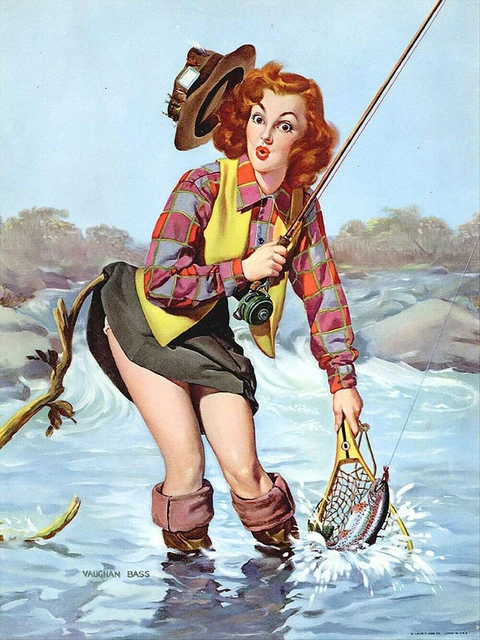 Vintage Retro Metal Tin Sign Trout Fishing Pin Up Girl Cabin
