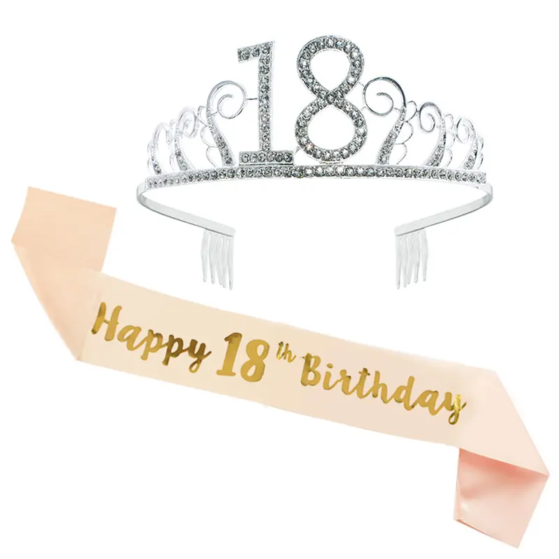 Gold Silver Glitter Birthday Sash Rhinestone Tiara 18th Crystal Crown Birthday Queen Satin Ribbon Sash For Birthday Party Decor