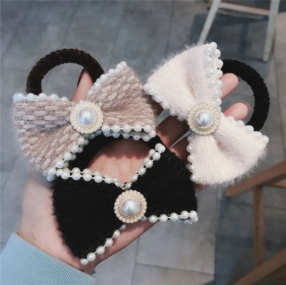

Women Elastic Hair Ties Rubber Bands Adult Black Pearl Bow Knot Fashion Scrunchies Girl Accessories Pезинки для волос Wholesale