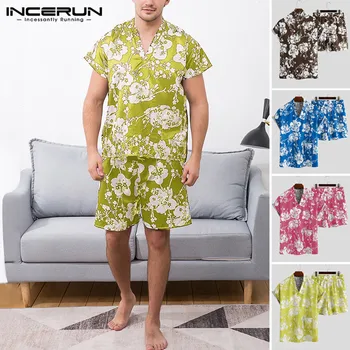 

INCERUN Men Flower Printed Pajamas Sets Causal Short Sleeve T Shirts Short Trousers Man Comfortable Loose V Neck Nightwear Suits