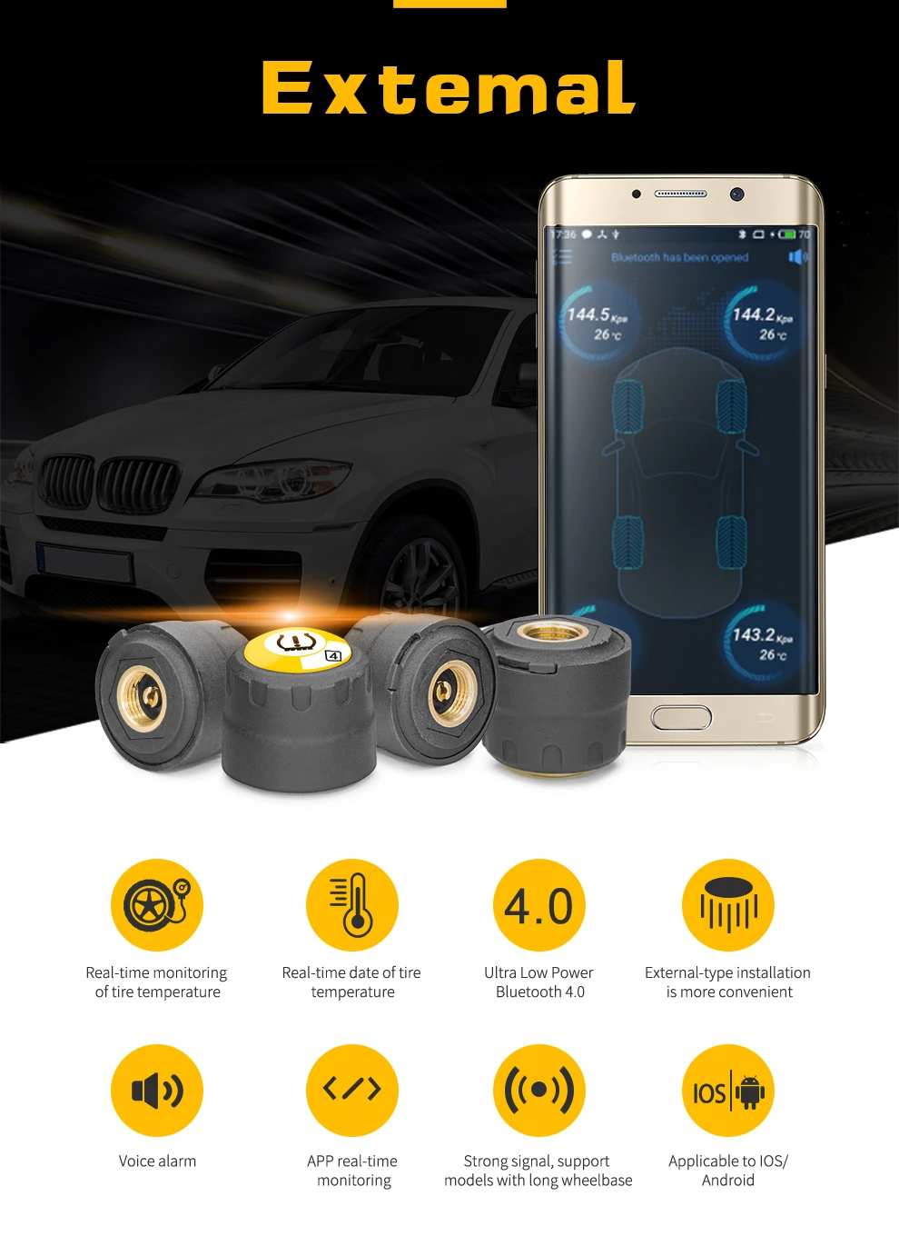 TPMS Bluetooth 4,0 Автомобильный внешний TPMS контроль давления в шинах BLE TPMS низкое энергопотребление для Android/IOS с 4 датчиками