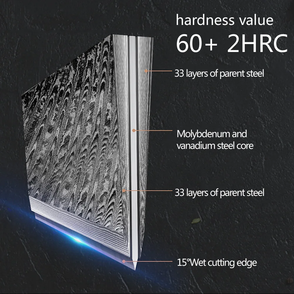 大马士革树瘤树脂木柄8寸千羽纹厨师刀英文_05