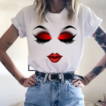 

Femme Women Face Makeup Red lip Prints Girls T Shirts Harajuku Casual Aesthetic Tshirt Graphic Hipster Vintage Korean Tee Shirts