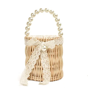 

Pearl straw bag female Round barrel totes wild mini retro gas Rattan hand-woven pearl handbag