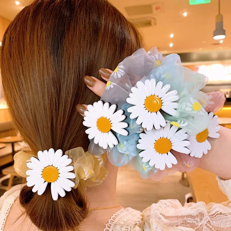 

Korea Chic Daisy Hair Bands for Women Girl Transparent Net Yarn Elastic Rubber Bands For Hair 2020 Spring Hair Accessories