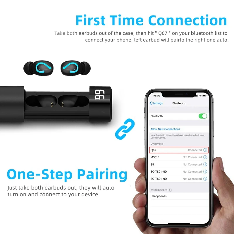 Q67 TWS HBQ Bluetooth 5.0 Wireless Earphone TWS Sport Headphones Handsfree Earbuds Headset Earbud Earphones Case for phone Q32