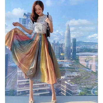 

Cosmicchic 2020 Summer Bohemian Rainbow Midi Skirt Tie Dye Cotton Elastic Runway High Waist Pleated Long Boho Ladies Skirt