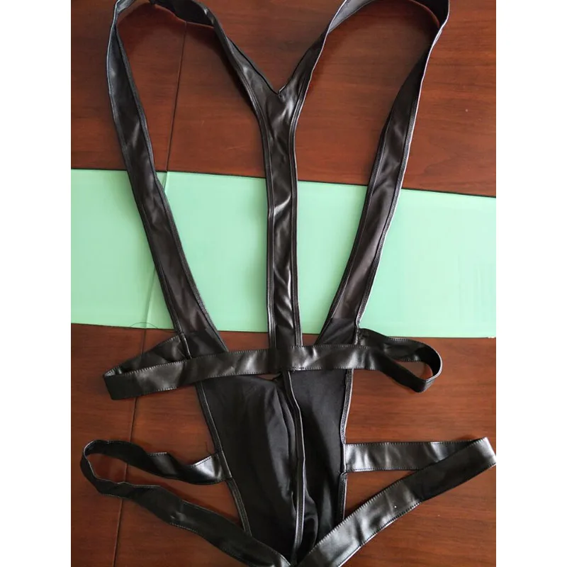 Mens Vinyl Wrestling Singlet Lingerie Bodysuit Pouch-Short Sexy Man Cut Out Teddy Underwear Body Suit Erotic Lingerie M-XXL