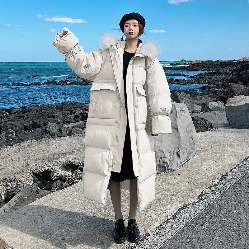 

Photo Shoot Main Push CHIC Korean-style Blue Long Bell Sleeve Hooded Faux Fur Collar down Coat Cotton Overcoat Women's