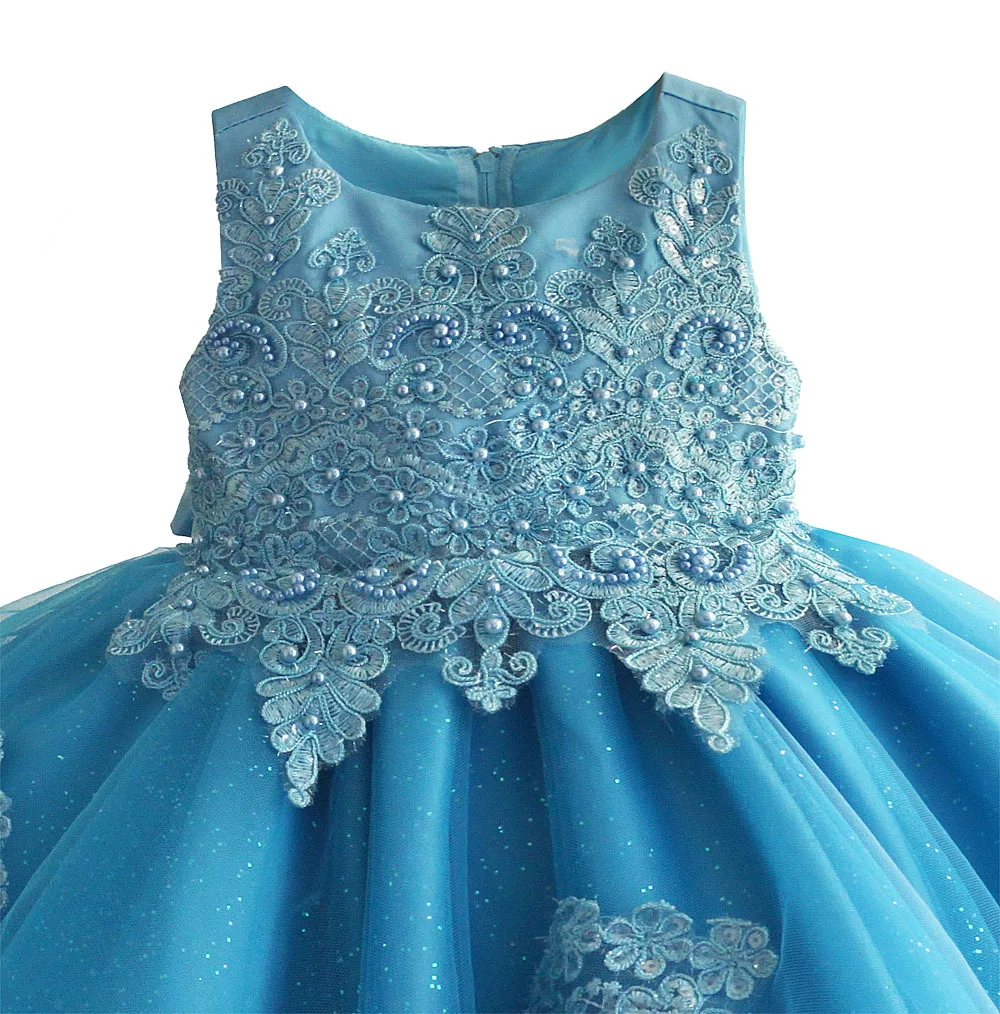 

Zoeflower New Style Pearl Applique Embroidery Lace Children Shirt Pure Cotton Princess Dress Formal Dress Blue