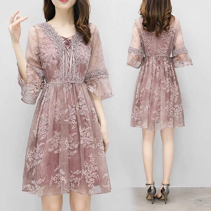 

Spring Clothing 2018 New Style Women's Spring Retro Gentle Wind Dress CHIC Pink Chiffon Floral-Print Fitted Skirt Spring