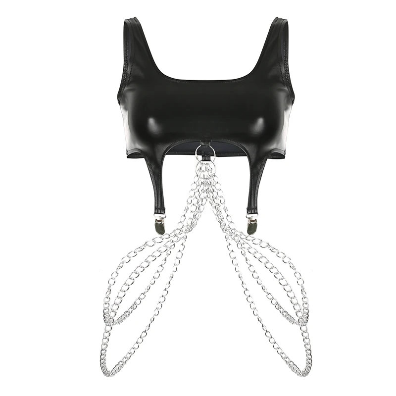 Арцу искусственная кожа PU майка без рукавов цепь спинки Черный Harajuku панк укороченный топ повседневный летний топ уличная одежда ASVE20958