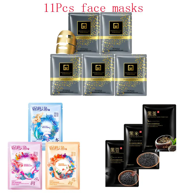 

11Pcs mixed 24K Gold mask Deep-sea mermaid beans Collagen Face Mask Moisturizing Anti-Aging black Facial Masks korean skin care