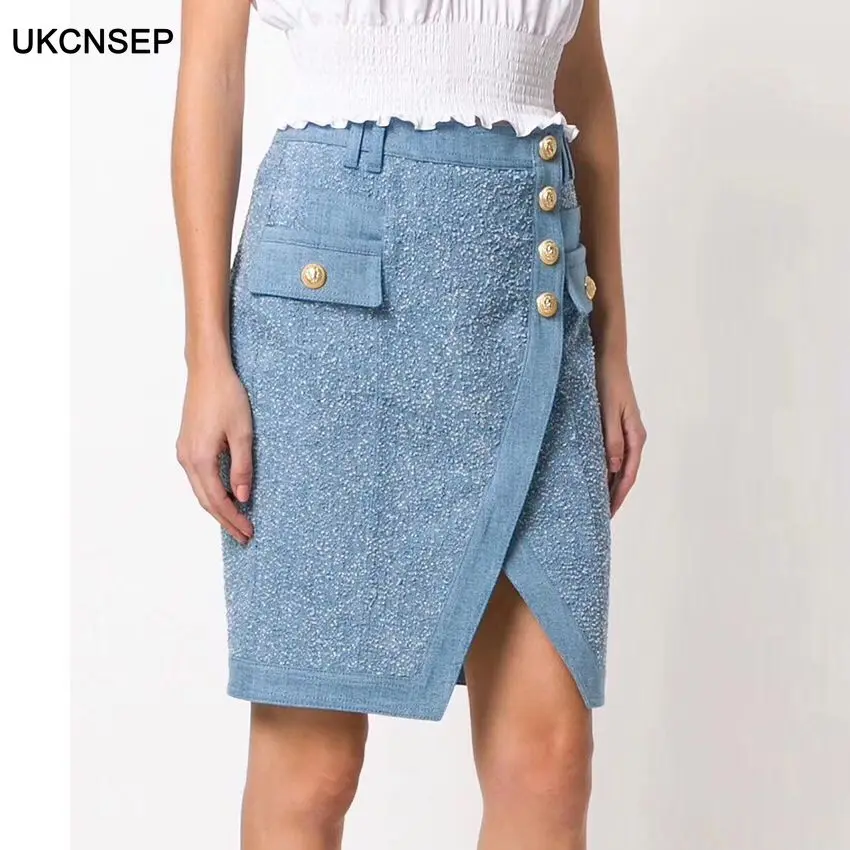 

UKCNSEP 2020 High Quality Vintage Denim Skirt Sexy Metal Buttons Women's Skirt Split Faldas Bodycon Party Mini Skirt