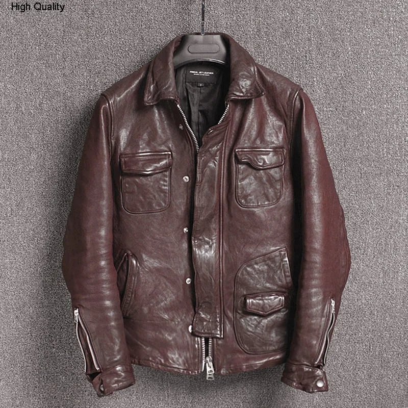 

Men's vintage motorcycle leather jacket vegetable tanning sheepskin slim fit biker jacket men japanese Wrinkle leather coat male