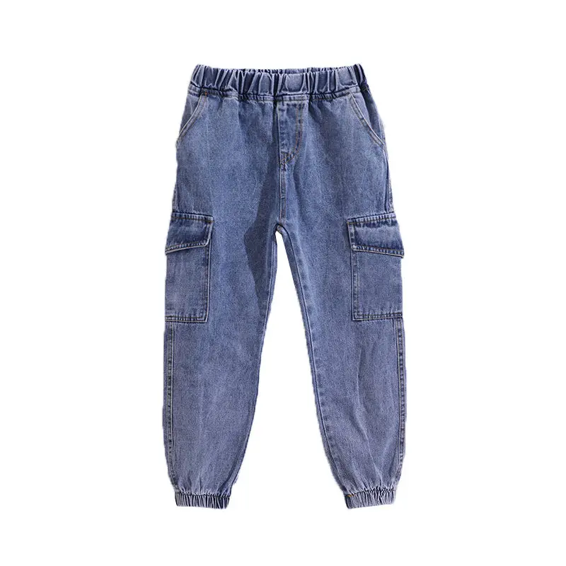 Джинсы для девочек, новинка года, модные Осенние рабочие джинсы для девочек эластичные детские свободные повседневные джинсовые брюки-карандаш однотонные брюки Одежда для подростков 5, 7, 9, 11, 13 лет