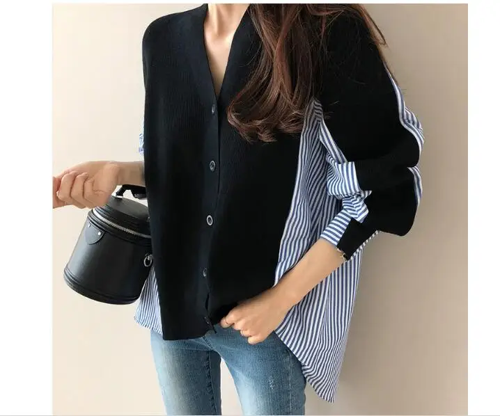 

New 2020 Autumn Women Sweaters Patchwork Srtiped Knitting V-Neck Cardigans Casual Korean Style Single Breasted Loose Tops