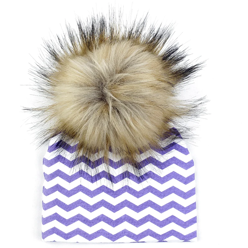 purple 16 Geebro, милая, Удобная шапка для новорожденных девочек, 15 см, искусственный мех, помпон, теплая шапочка, хлопковая, мягкая, в полоску, теплая шапка - Цвет: purple 16