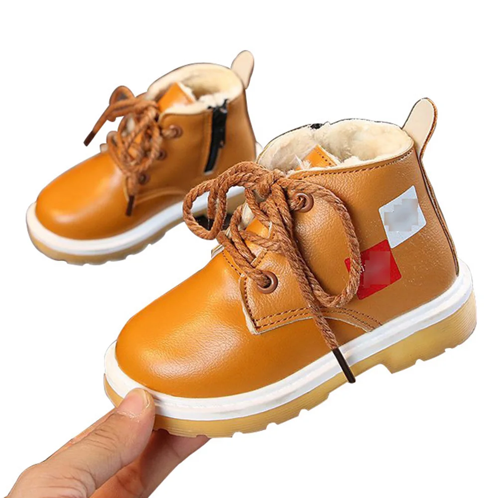 Winter Toddler Boots New Arrival Fashion Lace Up Boys Girls PU Martin Ankle Boots Thicken Warm Velvt Flat Boots for Kids Child