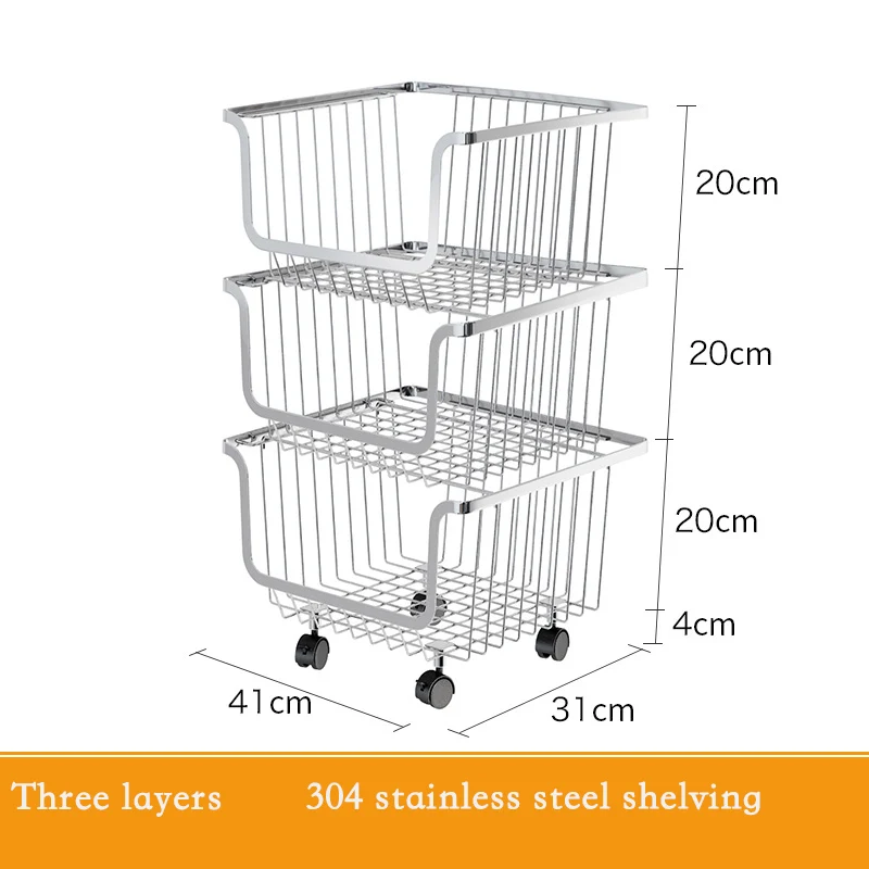 Бытовая многослойная напольная корзина для хранения фруктов и овощей из нержавеющей стали для кухни, подвижная сборка, полки для ванной комнаты, колеса - Цвет: layer 3