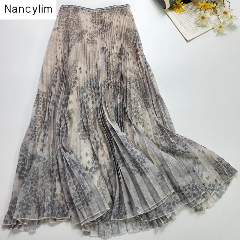 Плиссированная шифоновая юбка с принтом со звездой Женская длинная юбка на лето и осень для девушек, женские макси праздничные пляжные юбки Nancylim