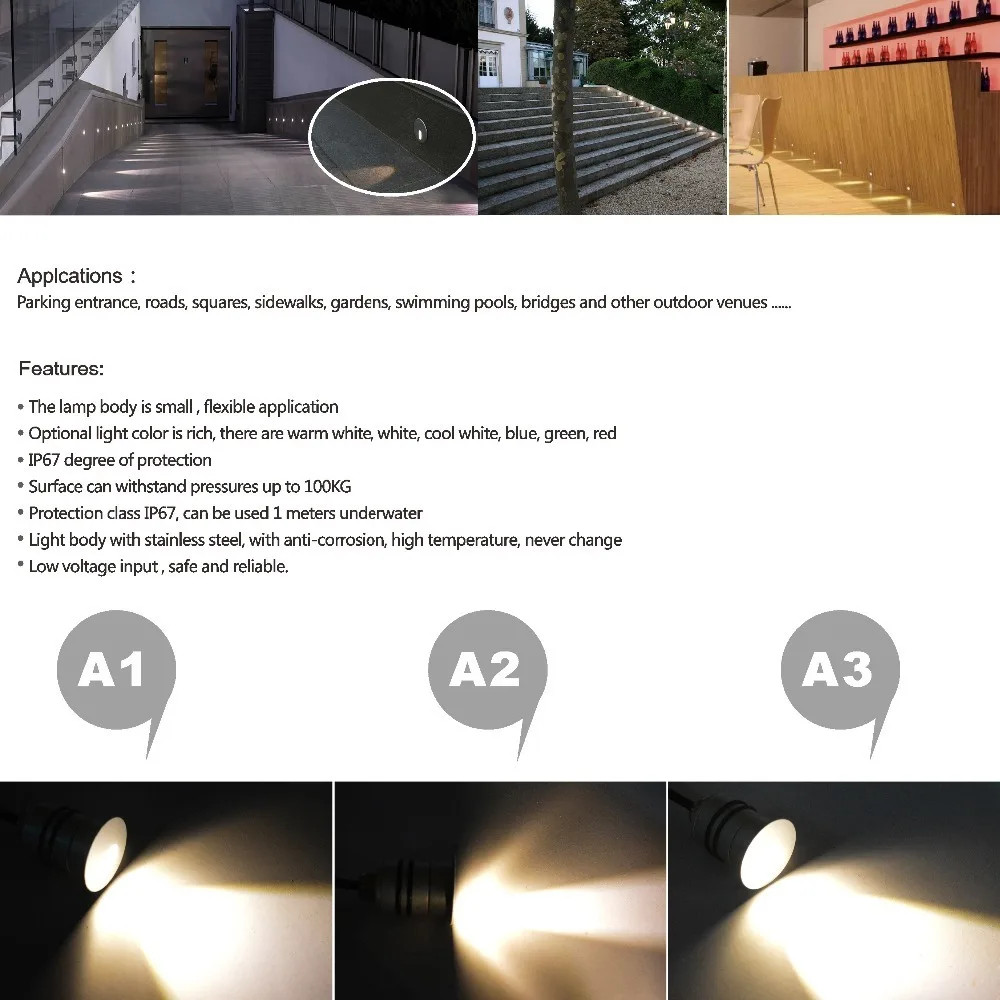 LED Step Light Outdoor Recessed Wall Light Lamp 12V 1W IP67 Waterproof Exterior Landscape Lighting Garden Pathway Stair Light (3)