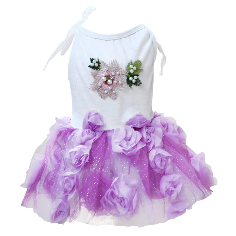 Платье принцессы с объемными розами для собак; Одежда для маленьких собак; сезон весна-лето; платье с жемчугом; Милая Кружевная юбка-пачка для щенка чихуахуа - Цвет: Фиолетовый