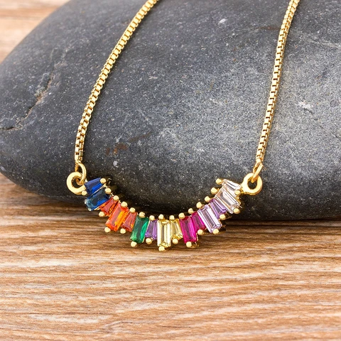 Arrival CZ Rainbow Necklace Woman Long Chain Zirconia Necklace Natural Stone Jewelry Collar Gold Pendant Gift For Women